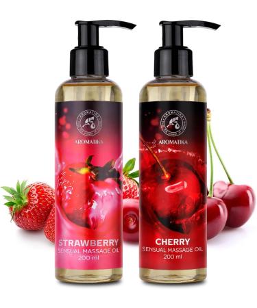 Sensual massage oil set 2x200ml - strawberry and cherry - Body massage oil with almond oil and grape seed oil - edible - of course - Kissable massage oil - massage oil for couples
