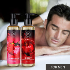 Sensual massage oil set 2x200ml - strawberry and cherry - Body massage oil with almond oil and grape seed oil - edible - of course - Kissable massage oil - massage oil for couples