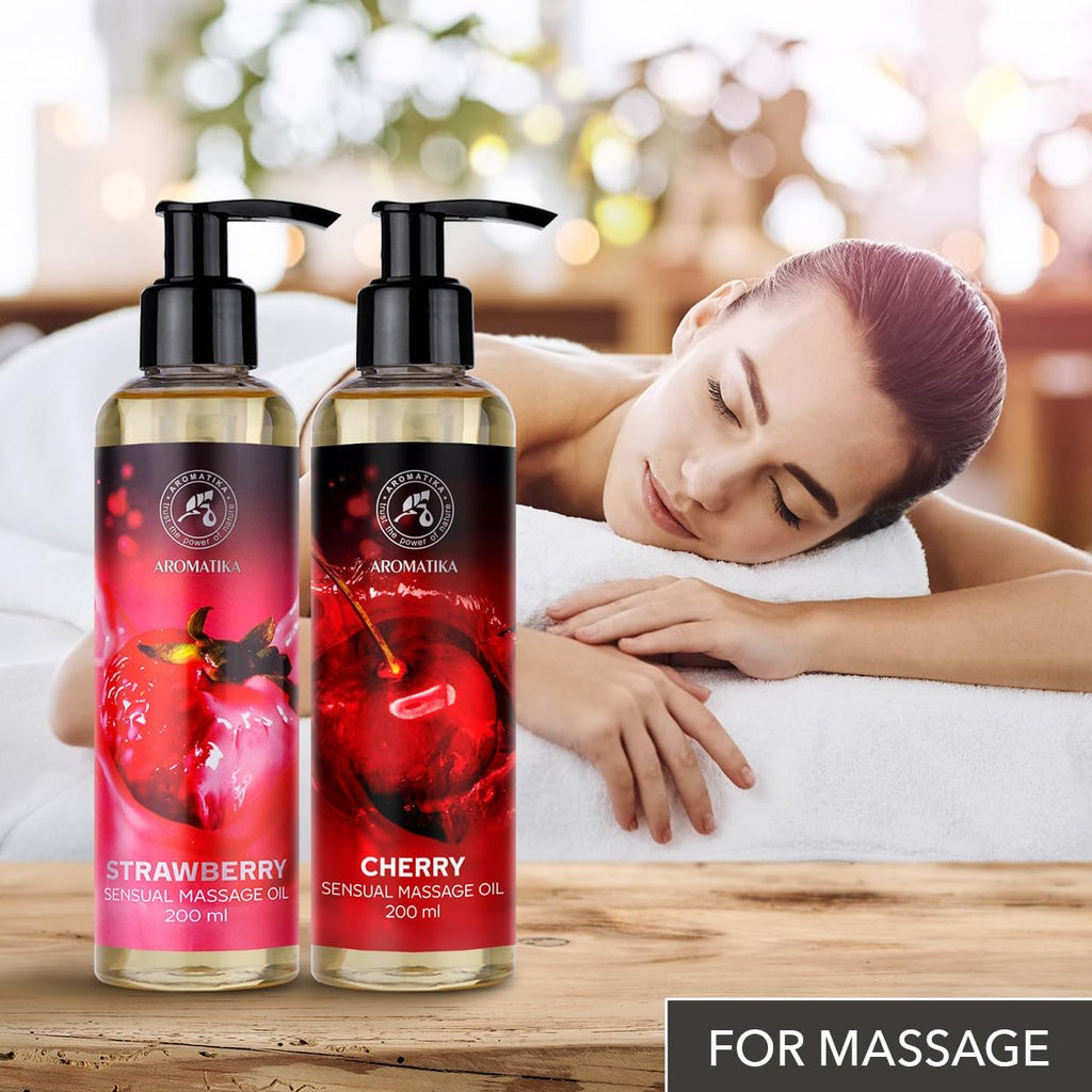 Sensual massage oil set 2x200ml - strawberry and cherry - Body massage oil with almond oil and grape seed oil - edible - of course - Kissable massage oil - massage oil for couples